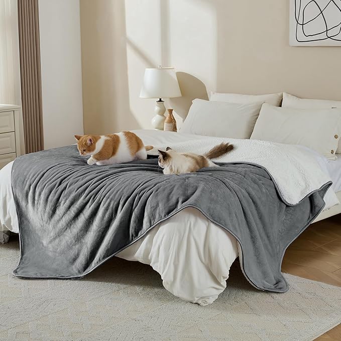 Waterproof Blanket for Bed Couch Sofa, Soft Liquid Pee Proof Pet Blanket for Dog Puppy Cat, Reversible Sherpa Fleece Furniture Protector (Grey, 50x60 inches)