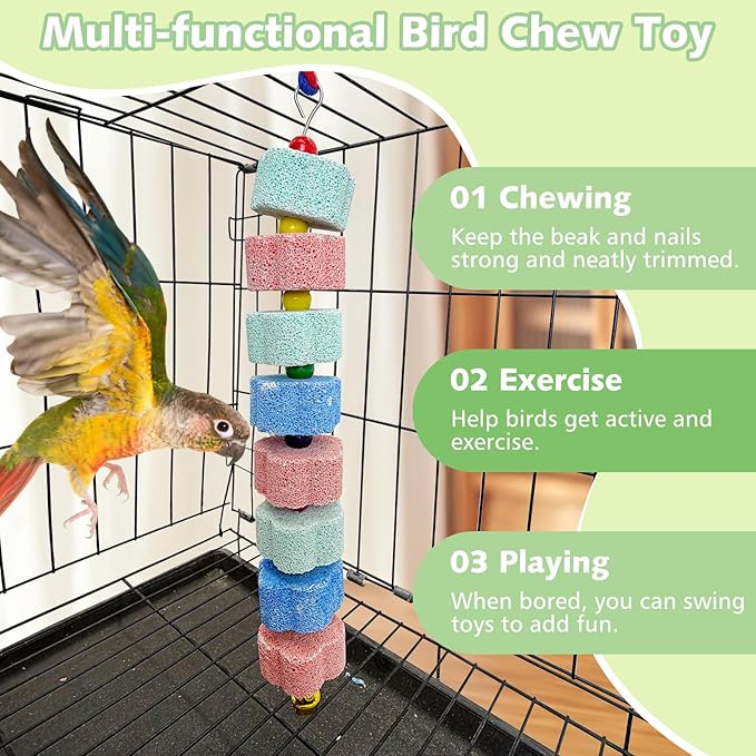 3 Pack Bird Chewing Toy,Lava Calcium Bird Beak Grinding Stone with Bell Hanging Parakeet Cage Accessories for Parrot Budgies Hamster Chinchilla Rabbit African Grey