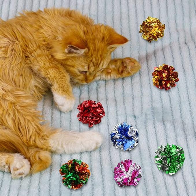 Silkfly 30 Pcs Polyester Film Crinkle Balls Cat Toys 2.36" Interactive Crinkle Ball, Colorful Balls Chew Toy for Cat Chase Ball Toys Attract Cats for Indoor Cats and Kittens to Keep Fit and Active