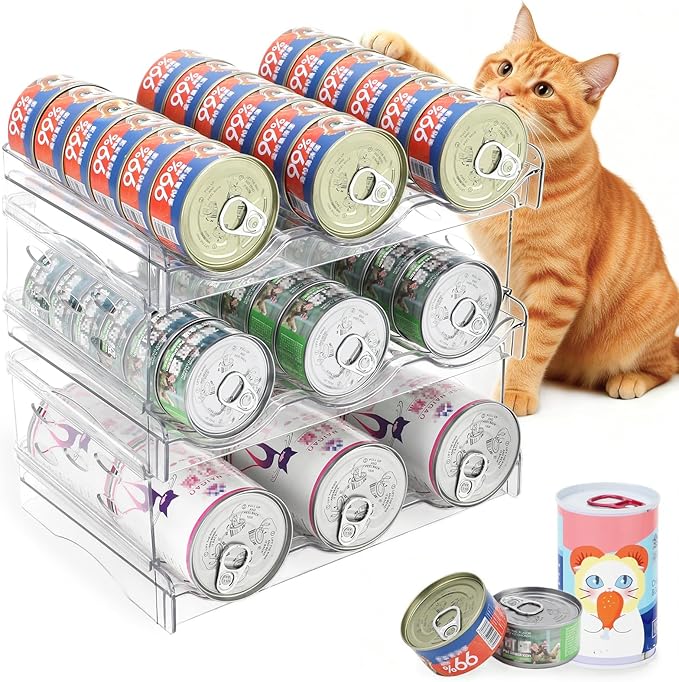 FHTONGE Heavy-Duty Cat Can Organizer for Multiple Sizes, Transparent Wet Cat Food Storage Rack for Pantry Kitchen Cabinet Rridge, 3-Tier Pet Canned Goods Dispenser Shelf Dog Tins Holder Container