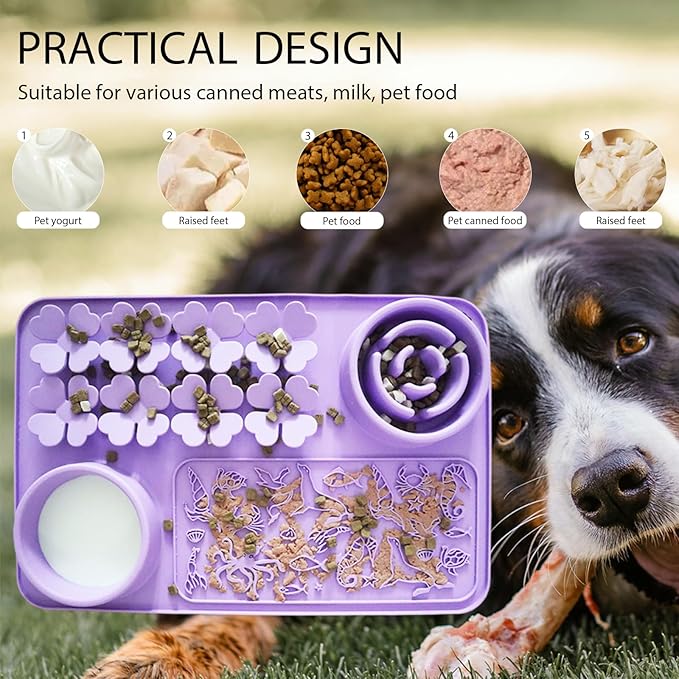 Silicone Snuffle Mat for Dogs and Cats 4 in 1 Purple - Dog Lick Mat with Slow Feeder Bowl - Reusable Pads for Pets with Suction Cups, Puzzle Toys for Bored Puppy, Collapsible Dog Water Bowl