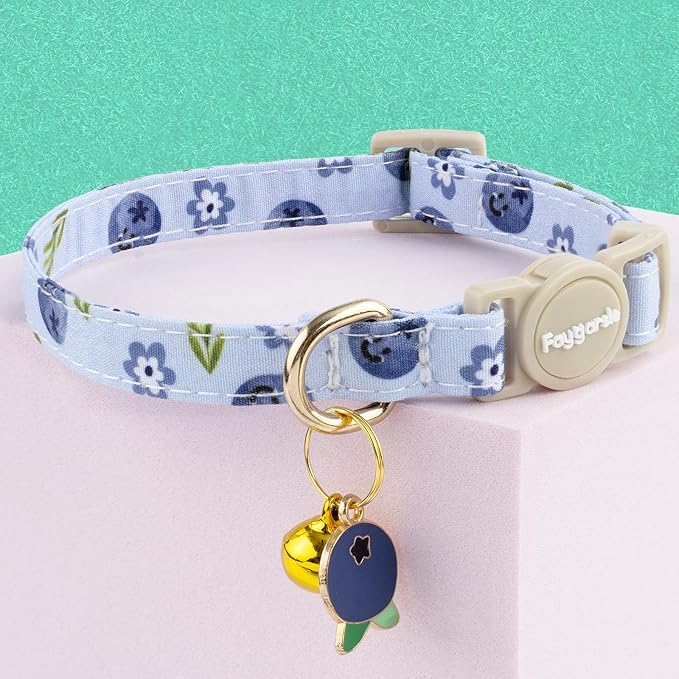 Faygarsle 2 Pack Blueberry Banana Pattern Cat Collars Breakaway Safety Collar with Bell Spring Summer Design for Girl Cats,Yellow Light Blue