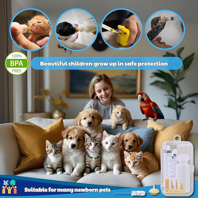 Newborn Pet Feeding Kit, 50ml Nursing Bottle & Syringe Set for Puppies, Kittens, Rabbits, Squirrels – BPA-Free Silicone Nipples, Measuring Cup & Cleaning Brush – Safe, Hygienic Milk Feeder