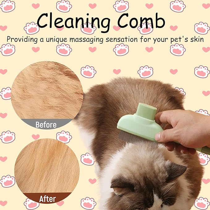 2Pcs Pet Comb Flea Comb for Cats Dogs,Self-Cleaning Cat Grooming Brush with Release Button and Stainless Steel Round Teeth,Detangling Long and Matted on Cats and Dogs(Yellow+Green)