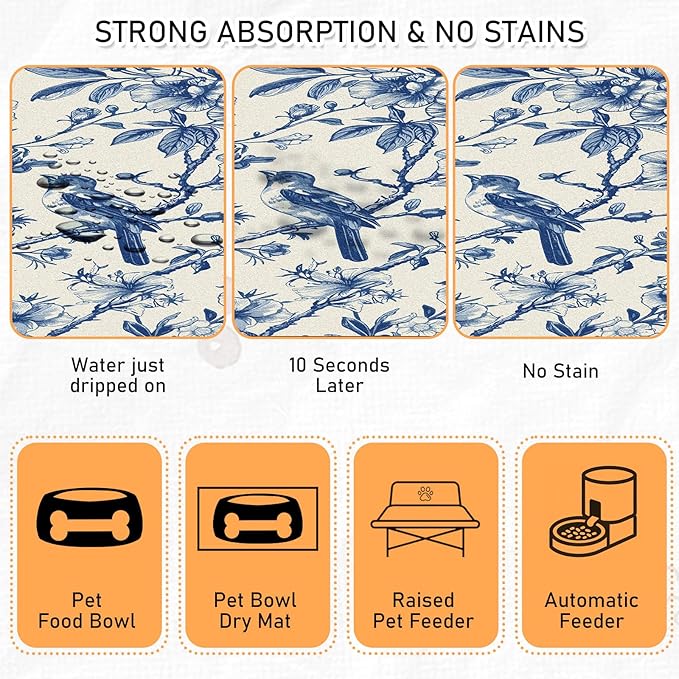 Dog Cat Food Mat - Absorbent Quick Dry Dog Bowl Mats for Food and Water, Anti Slip Cat Feeding Placemat for Floors, Diatomite Pet Dish Matts Accessories Supplies, Floral Bird Style, 17*30in