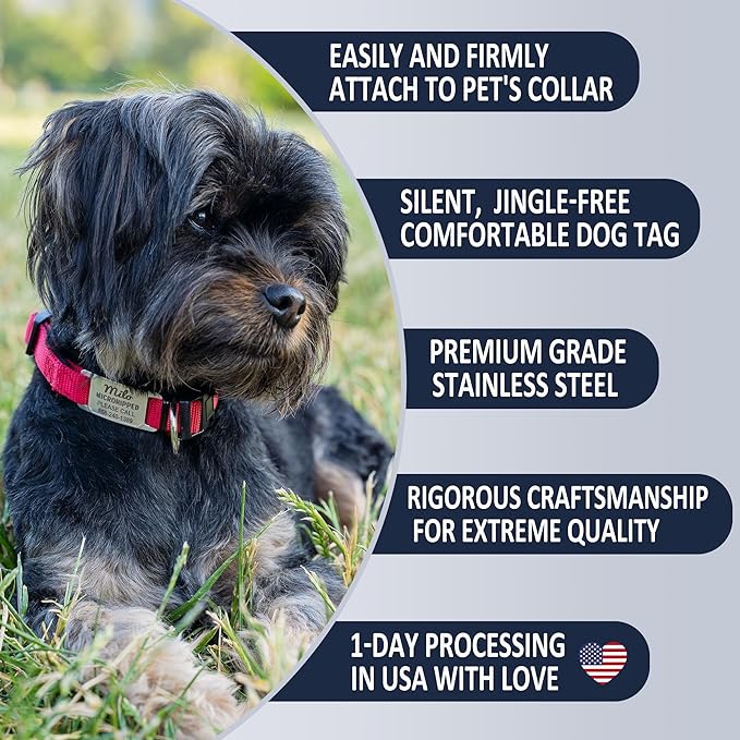 Deep Laser Custom Font Engraved Slide - No Noise Collar Tags, PVD Rose Gold Stainless Steel, 3 Lines of Personalized Text - Pet ID Name Tags for Dogs & Cats - Extra Small