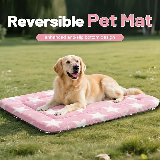 Dog Bed Mat, Reversible Crate Pad & Durable Dog Bed - Machine Washable Kennel Mat with Ultra Soft for Large Dogs (Big&Small Stars Pink, 35" L*23" W*1.5" Th)