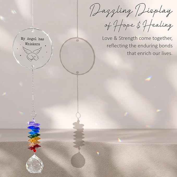 Glass Ornament Suncatcher - My Angel HAS Whiskers - Cat Memorial Sympathy Keepsake - Crystal Rainbow Maker for Cats Lovers - Mother's Day for Dog Cat Mom Dad Pet Owners