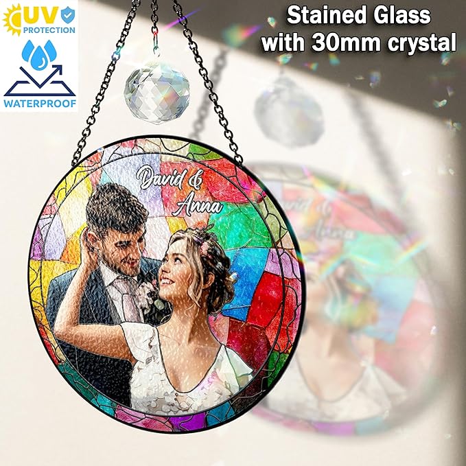 Personalized Grandpa Stained Glass Suncatcher, Photo Family Faux Stained Glass Window Hanging Ornament, Custom Photo Gift for Dad from Son Daughter, Birthday Gift for Grandpa, Uncle