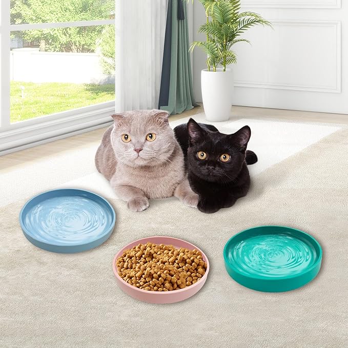 Silicone Cat Food Bowl Shallow Dishes 5.9in Wide Cats Bowls Set of 2 Kitty Plates Relief Whisker Fatigue Puppy Feeding Bowl for Dry Food and Wet Food Indoor (Round Green)