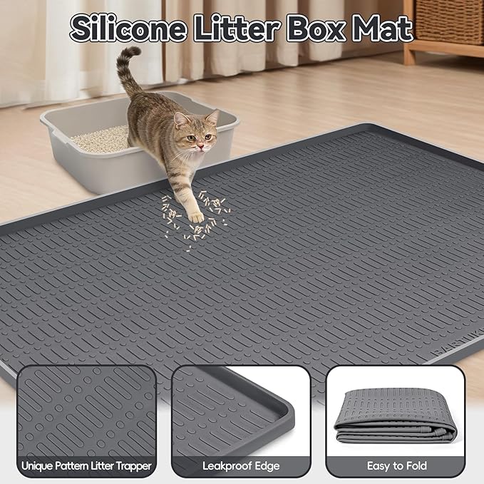 Kalolary Large Cat Litter Box Mat, 47" x 35" Silicone Litter Trapping Mat for Cats, Trapping Mat for Scatter Control with Raised Edge Waterproof Silicone Pad for Floor Easy to Clean (Dark Gray)