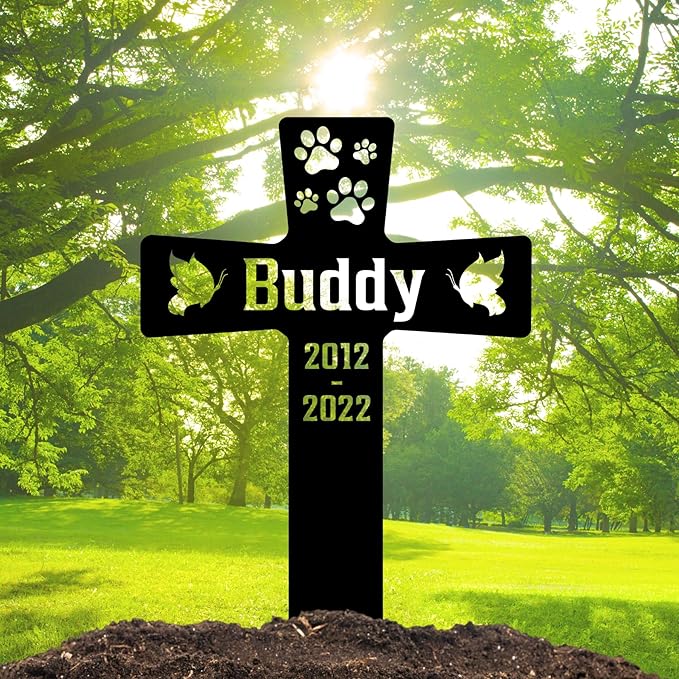 Custom Pet Paws Memorial Cross, Personalized Dog Metal Stake for Cemetery Yard, Sympathy Grave Marker with Paws, Memorial Plaque Cemetery Garden Stake