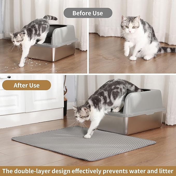 Cat Litter Mat 30x24 Inches, Honeycomb Double Layer Traps Litter & Waterproof Leatherette Bottom Prevents Urine Leaks, Durable & Easy Clean Pet Floor Protector for Cat Litter Box Area（Grey）