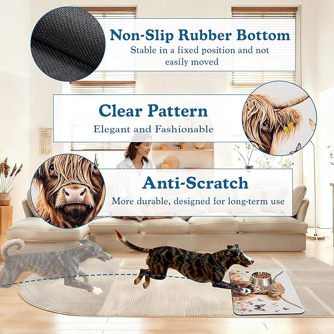 Highland Cow Butterfly Dog Food Mat–Christmas Stocking Absorbent Quick Dry Feeding Placemat for Food and Water Bowls, Non Slip Rubber Backing, Waterproof Pet Supplies for Mess-Free Eating 16"x24"