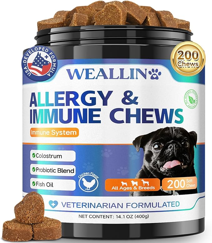 Dog Allergy Relief Chews, 200 Treats Anti-Itch Allergy Soft Chews for Dogs with Probiotics & Omega 3 Fish Oil, Itchy Skin Relief, Immune Support, Paw Licking Itchy Ears & Hot Spots, Seasonal Allergies