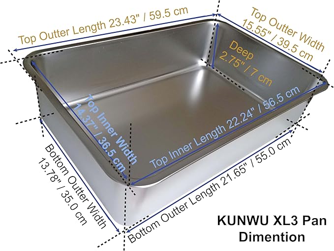 KUNWU Stainless Steel Pet Litter Box 24"x16"x2.75" for Cat, Dog & Rabbit, Corrosion Resistant Easy Clean No Residue Build Up Never Absorbs Odor Stains Rusts Durable Pan (XL (24"x16"), 2.75" Deep)