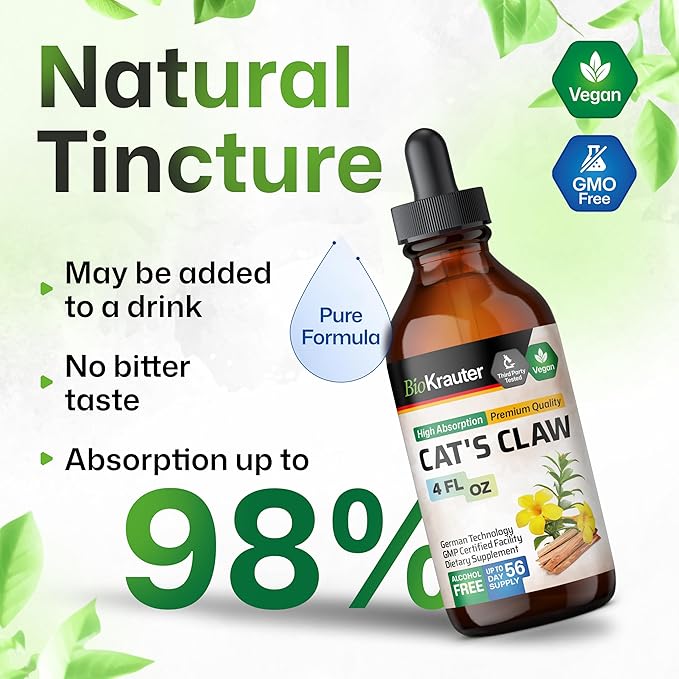BIO KRAUTER® Сats Сlaw - Liquid Drops Pure Vegan Cats Claw Herb Supplement 625 mg per Serving 4 Fl.Oz 56-Day Supply - Used for Digestive & Immune Support, Natural Antioxidant - Alcohol & Sugar Free