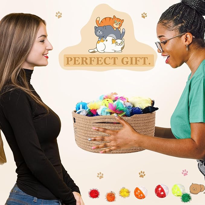 Zopeal 58 Pcs Valentine's Day Cat Storage Basket Gift Toys Set, Colorful Flashing Balls Pet Bell Crinkle Balls Spring Toys Attract Cat to Swat, Hunt, Interactive for Pet(Khaki,9.8 Inch)