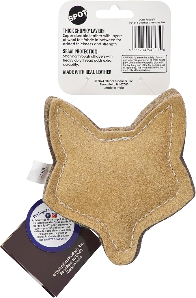 SPOT Dura-Fused Chunkies Fox - All Natural Leather and Felt Dog Toy - No Squeak, No Fluff, Durable, Extra Thick Dog Chew Toy for Aggressive Chewers, Great for Adult Dogs and Teething Puppies, 5in