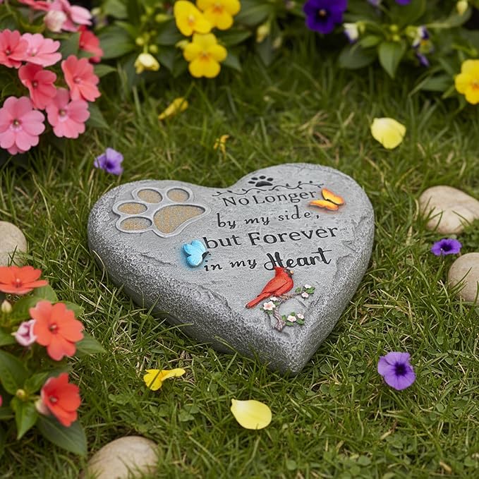 Pet Memorial Stone for Cats Dog Remembrance Gift with Paw Print, Cardinal & Butterfly, Pet Grave Markers Heart-Shaped Resin Dog Loss Sympathy Gift 6 inch