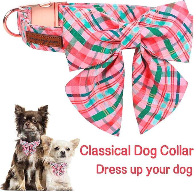 Unique style paws Dog Collar with Tie Pink & Green Plaid Dog Collar Best Gifts for Small Medium Large Dogs -XL