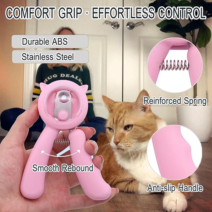 Kitten Nail Clippers Set, Anti-Splatter Nail Clipper with Nail Collector, Safety Nail Trimmer for Kittens, Includes Nail File, Cleaning Brush, Cotton Swabs and Zipper Bag