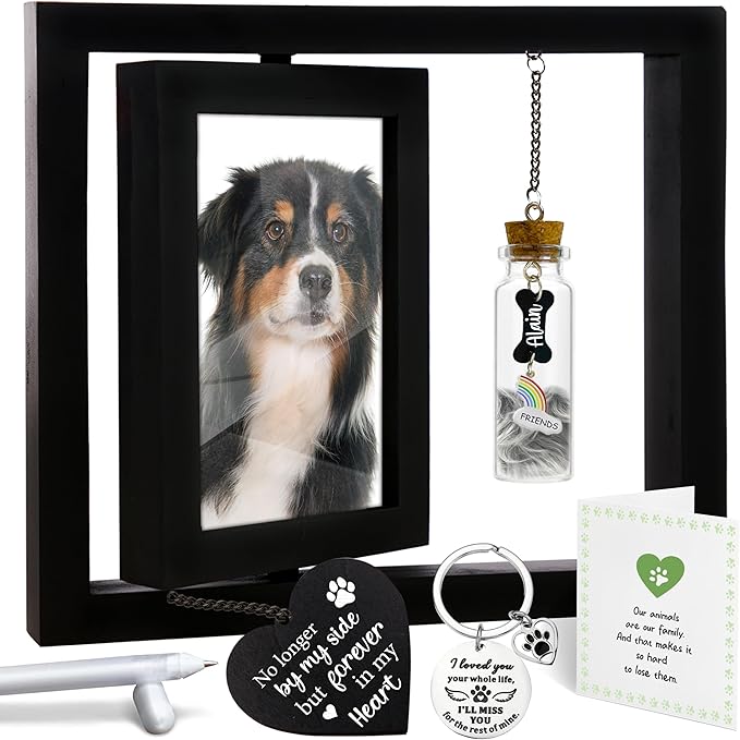 Pet Memorial Gifts Rotating 4x6 Picture Frame Wooden Black Dog Cat Remembrance Keepsake Pet Fur Jar Rainbow Bridge No Longer By My Side Heart Tag Pet In Loving Sympathy Keychain Loss Gift PR-6B