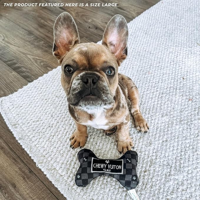 Haute Diggity Dog Black Checker Chewy Vuiton Bone, Plush Designer Dog Toys with Interactive Squeaker, Stimulating Pet Enrichment, Machine-Washable & Safe Materials for All Breeds, Size Small