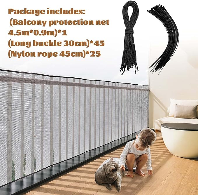 Hosuly Banister Guard 30 x 3 ft Balcony Netting for Kids Pets Stairway Safety Net Baby Fence Door Balcony Netting Safety Mesh Stair Net with No Drilling for Apartment Railing(Black)