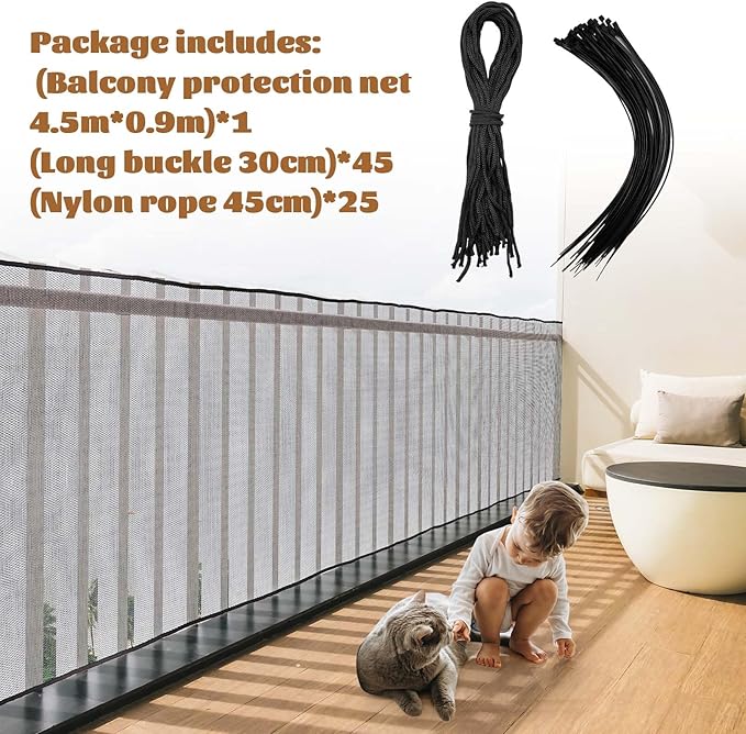 Hosuly Banister Guard 18 x 3 ft Balcony Netting for Kids Pets Stairway Safety Net Baby Fence Door Balcony Netting Safety Mesh Stair Net with No Drilling for Apartment Railing(Black)