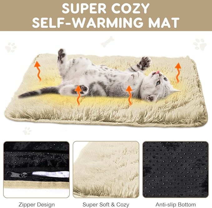 Drydiet 4 Pack Self Warming Cat Pad Self Heating Cat Mat Thick Faux Fur Plush Pet Bed Thermal Washable Dog Mat Anti Slip Bottom for Outdoor Indoor Pets(Camel,16" X 20")