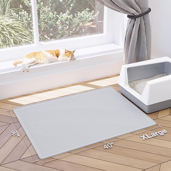 Cat Litter Box Mat - XL Extra Large Size 40 x 30 in, Water Proof, Kitty Litter Trapping Mat, Easy to Clean, Scatter Control, Odorless, Pet Supplies for Indoor Cats, Light Gray