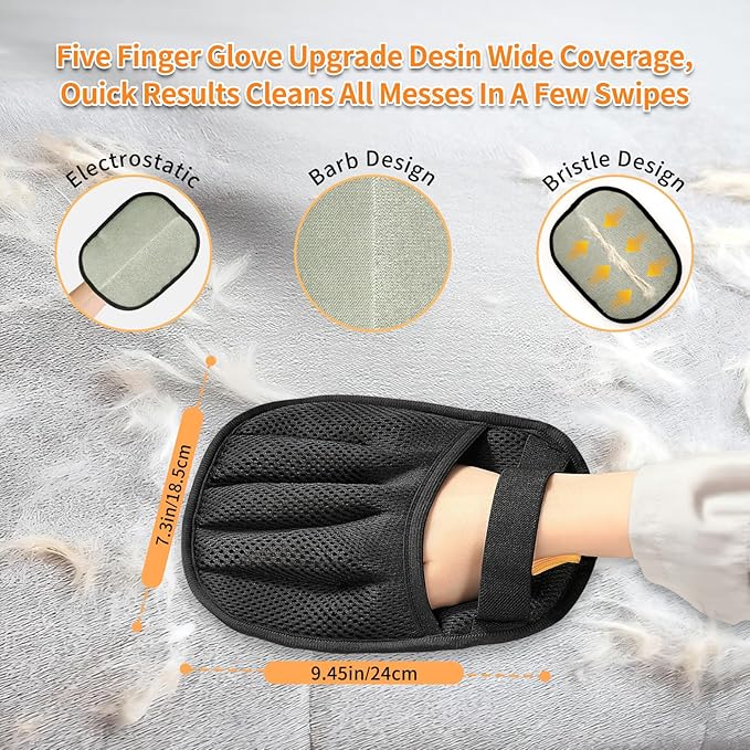 Pet Hair Removal Gloves for Cats & Dogs，Upgraded Five-Finger Electrostatic Reusable Magic Brush for Effortless Pet Hair Remover Tool on Carpet, Clothing, Laundry, Couch, Car Seat