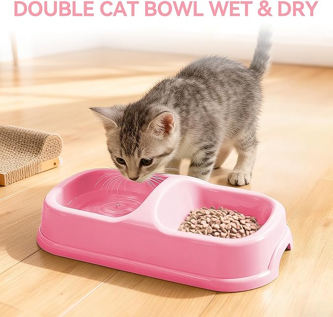 PAWISE Small Cat Litter Box Kit for Kittens – 5‑Piece Kit with Low Entry Litter Pan, Scooper, Feeding Bowls & Mouse Toy – Cat Starter Set for New Kitty Home, Pink