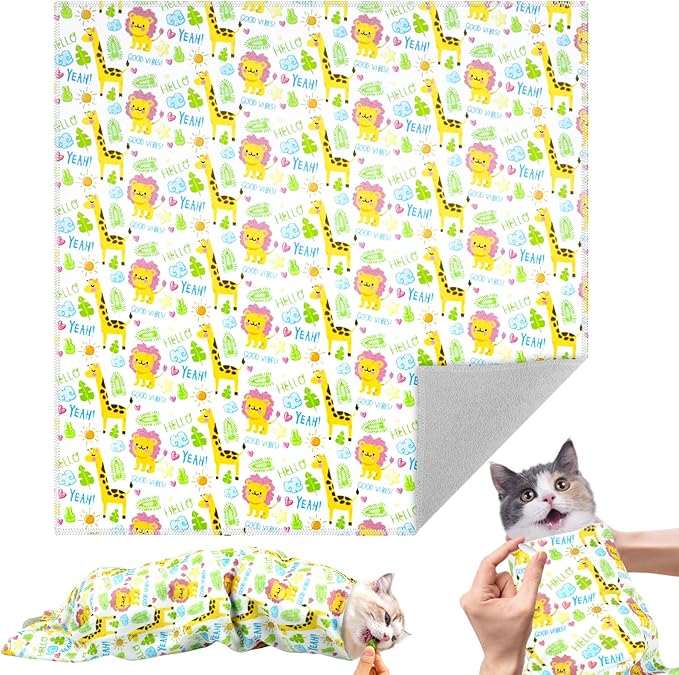 27.6" Cat Grooming Wrap for Cutting Nails, Lion Pattern Self-Adherent Fabric Wrap for Cats, Anti-Scratch Anti-Escape Multifunctional Cat Swaddle Tool for Teeth Brushing, Ear Cleaning