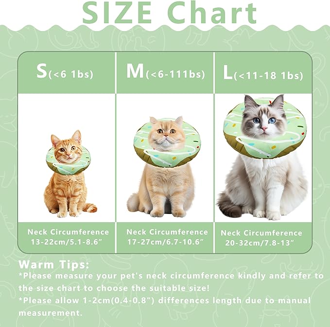 Seyezo Cat Cone Collar Soft, Adjustable Cat Recovery Collar Kitten Cones to Stop Licking, Cute Donut E Collar After Surgery, Cats Neck Pillow Cone Elizabethan Cones of Shame (Waterproof Green, Small)