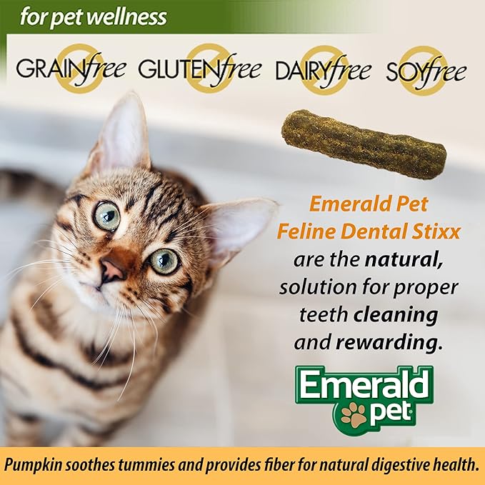 Emerald Pet Grain-Free Salmon Cat Dental Treats – Crunchy Dental Sticks for Cats to Clean Teeth, Reduce Plaque & Tartar, Freshen Breath – Pumpkin for Digestive Health, Natural Cat Chews, 3.6 oz