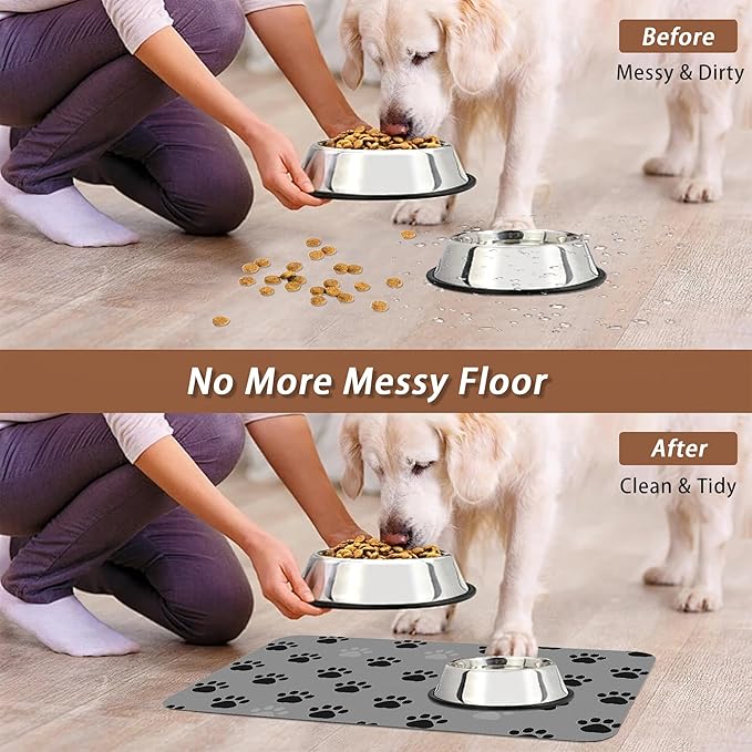 Cat Paw Prints Dog Food Mat for Floors,Gray Black Absorbent Pet Food and Water Bowl Mats,Non-Slip Pet Feeding Mat,Pet Supplies 16" x 24"