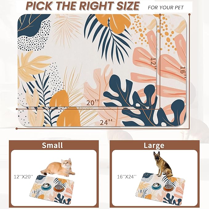 Boho Tropical Leaves Dog Food Mat for Floors,Absorbent Pet Food and Water Bowl Mats,Non-Slip Pet Feeding Mat,Pet Supplies 12" x 20"