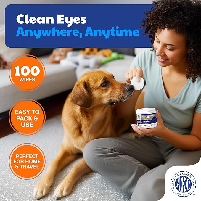 American Kennel Club Pet Eye Wipes for Dogs & Cats – Tear Stain Remover & Eye Discharge Cleaner – Hypoallergenic Grooming Wipes, 100 Count (Oatmeal Scent)