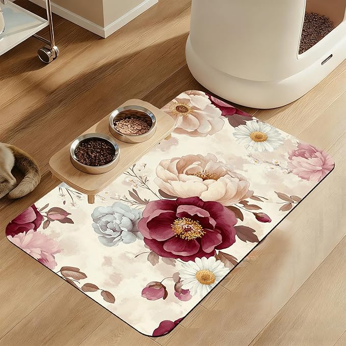 Vintage Floral Rose Pet Feeding Mat–Christmas Stocking Quick Dry Absorbent Dog Cat Food Mat, Non Slip Waterproof Bowl Placemat for Messy Eaters, Pet Accessories for Floors 16"x24"
