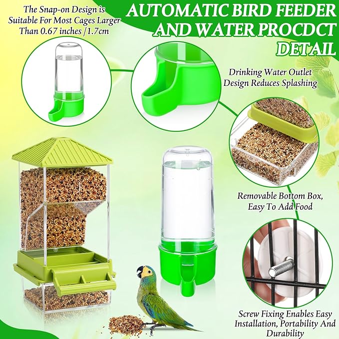 Novabright 7 Pcs No Mess Bird Feeder Water Dispenser Set Include Automatic Parakeet Feeder and Drinker with Bird Paw Grinding Stick Cage Accessories for Small Medium Cockatiel Lovebird(Cute,Green)