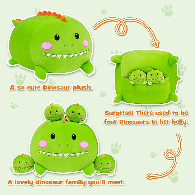 Dinosaur Plush, Stuffed Animal Set with 4 Baby Dinos, Soft Stuffed Toy Pillow, Cute Birthday Gift for Kids Boys Girls (15")