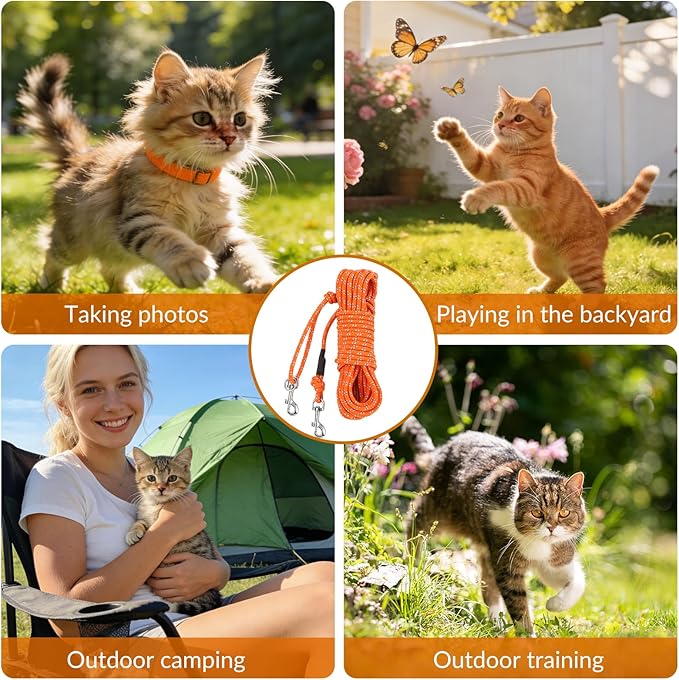30FT Reflective Cat Leash,Escape Proof Long Training Lead for Cats Kittens & Small Pets,Durable Outdoor Walking Leash with Waste Bag Dispenser(Orange)