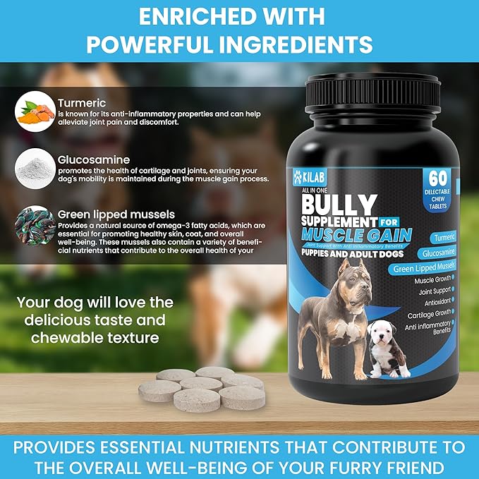 Kilab Dog Weight Gainer – 60-Count Muscle Builder Dog Supplement – Muscle Growth Supplement for Dogs, Puppies and Adults – Bully Growth Formula with Turmeric, Glucosamine, Green Lipped Mussels