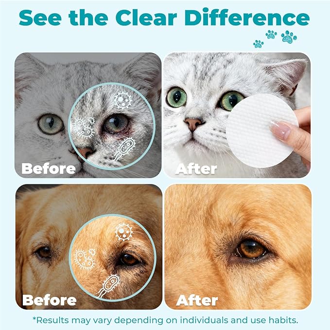 Gentle Pet Eye Wipes, Hypoallergenic Tear Stain Remover for Cats and Dogs, 100 Count Unscented Cleaning Pads with Adequate Fluid Content