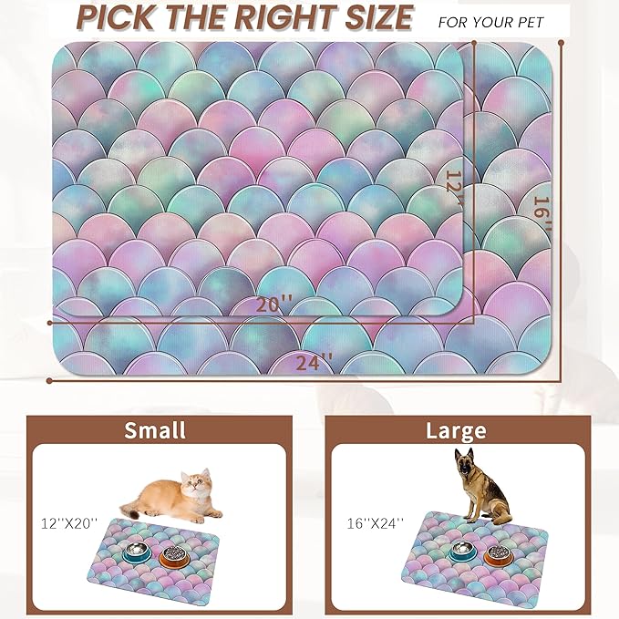 Pink Mermaid Scale Pet Feeding Mat,Absorbent Quick-Dry Cat Dog Food and Water Bowl Mats,Non-Slip Rubber Backing Mat,Cat Dog Accessories Supplies 12"x20"