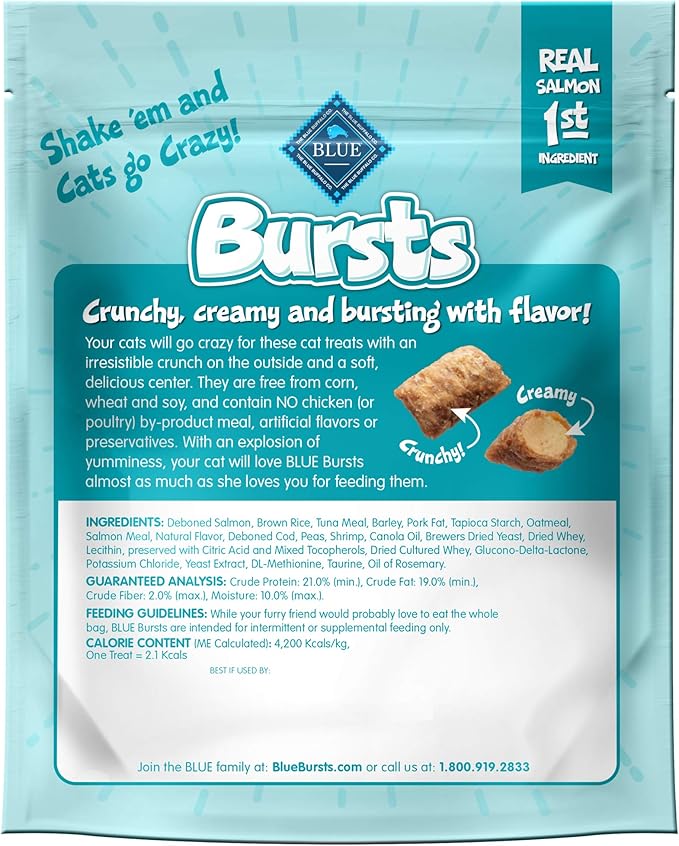 Blue Buffalo Bursts Crunchy & Creamy Cat Treats, Great for Training, Savory Seafood, 5-oz Bag (Pack of 4)