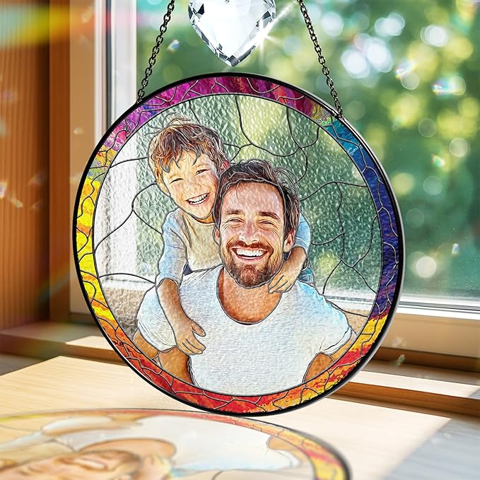 Personalized Dad Stained Glass Suncatcher, Photo Family Stained Glass Window Hanging Decoration, Custom Photo Gift for Dad from Son Daughter, Birthday Gift for Grandpa, Papa, Uncle