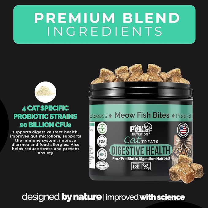 Pet Chef Probiotic Treats for Cats Digestive & Gut Health Support for Indoor Cats, Coat Softening Blend, Helps Reduce Diarrhea - Suitable for All Breeds